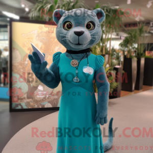 Mascot character of a Teal Jaguarundi dressed with a Pencil Skirt and Bracelet watches