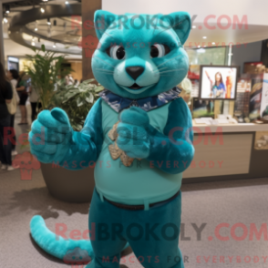 Mascot character of a Teal Jaguarundi dressed with a Pencil Skirt and Bracelet watches