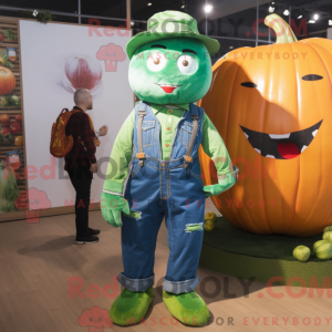 Mascot character of a Green Pumpkin dressed with a Boyfriend Jeans and Suspenders
