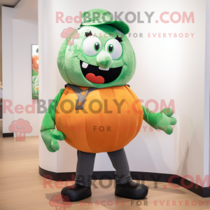 Mascot character of a Green Pumpkin dressed with a Boyfriend Jeans and Suspenders