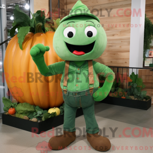 Mascot character of a Green Pumpkin dressed with a Boyfriend Jeans and Suspenders