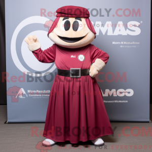 Mascot character of a Maroon Momentum dressed with a Maxi Dress and Belts