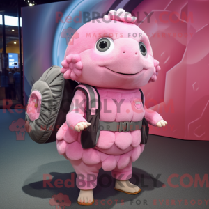 Mascot character of a Pink Glyptodon dressed with a Mini Dress and Backpacks