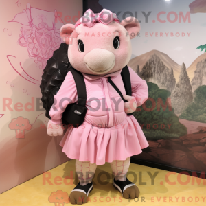 Mascot character of a Pink Glyptodon dressed with a Mini Dress and Backpacks