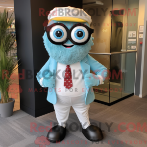 Mascot character of a Sky Blue Oyster dressed with a Dress Pants and Eyeglasses