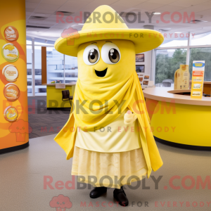 Mascot character of a Lemon Yellow Fajitas dressed with a Skirt and Shawl pins