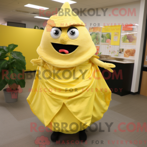 Mascot character of a Lemon Yellow Fajitas dressed with a Skirt and Shawl pins