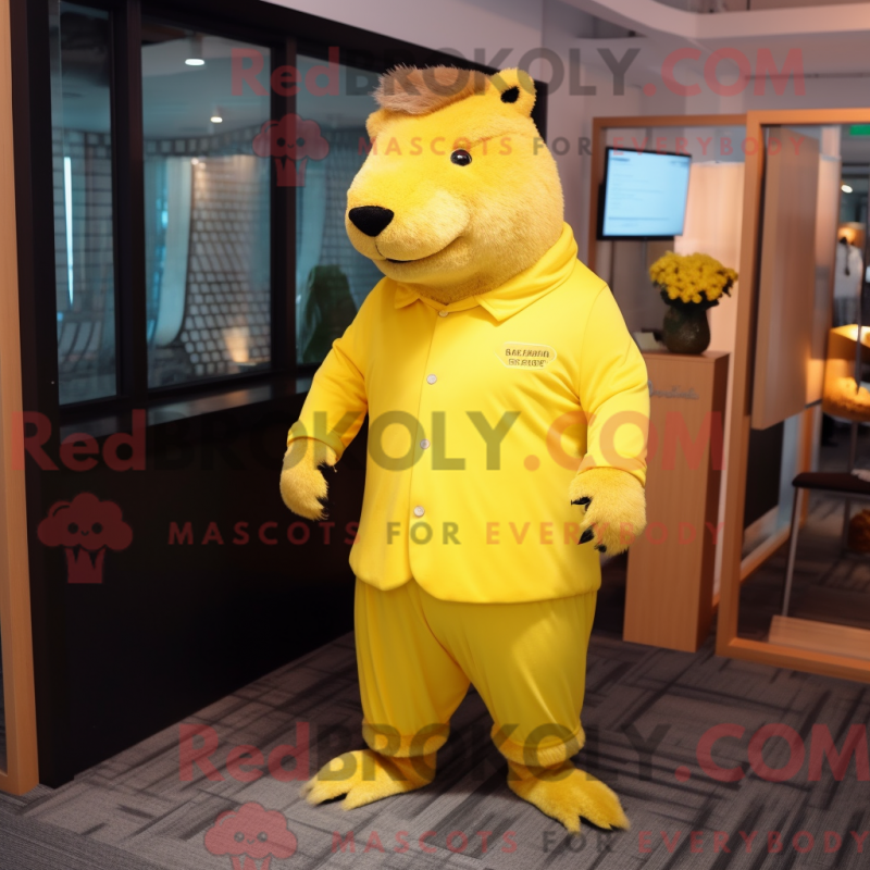 Mascot character of a Lemon Yellow Capybara dressed with a Suit Pants and Watches