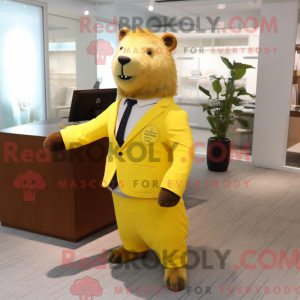Mascot character of a Lemon Yellow Capybara dressed with a Suit Pants and Watches