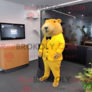 Mascot character of a Lemon Yellow Capybara dressed with a Suit Pants and Watches
