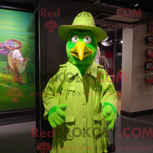 Mascot character of a Lime Green Rooster dressed with a Raincoat and Hat pins