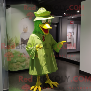 Mascot character of a Lime Green Rooster dressed with a Raincoat and Hat pins