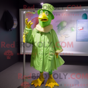 Mascot character of a Lime Green Rooster dressed with a Raincoat and Hat pins