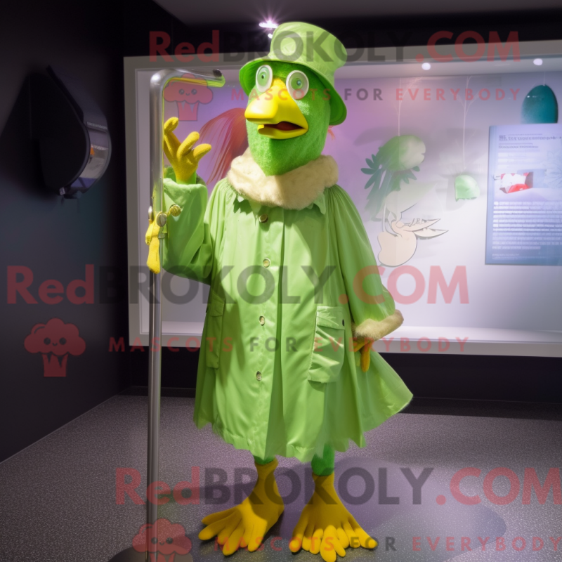 Mascot character of a Lime Green Rooster dressed with a Raincoat and Hat pins