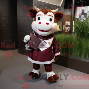 Mascot character of a Maroon Hereford Cow dressed with a Mini Skirt and Coin purses