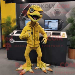 Mascot character of a Lemon Yellow Velociraptor dressed with a Corduroy Pants and Digital watches