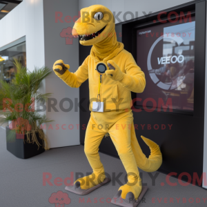 Mascot character of a Lemon Yellow Velociraptor dressed with a Corduroy Pants and Digital watches