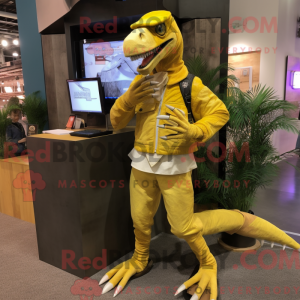 Mascot character of a Lemon Yellow Velociraptor dressed with a Corduroy Pants and Digital watches