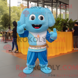 Mascot character of a Sky Blue Pad Thai dressed with a Corduroy Pants and Gloves