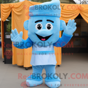 Mascot character of a Sky Blue Pad Thai dressed with a Corduroy Pants and Gloves