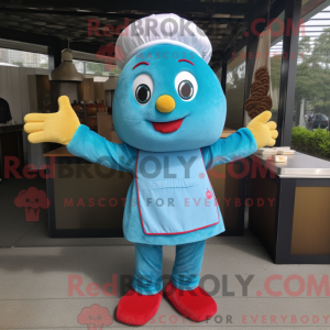 Mascot character of a Sky Blue Pad Thai dressed with a Corduroy Pants and Gloves