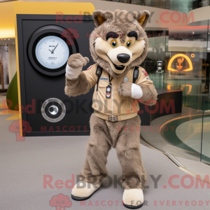 Mascot character of a Tan Say Wolf dressed with a Jumpsuit and Smartwatches