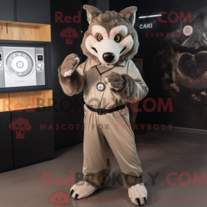 Mascot character of a Tan Say Wolf dressed with a Jumpsuit and Smartwatches