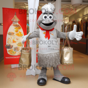 Silver Paella mascot costume character dressed with a Henley Tee and Handbags