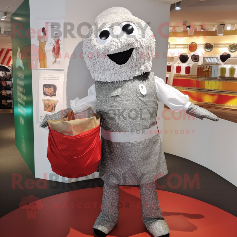 Silver Paella mascot costume character dressed with a Henley Tee and Handbags