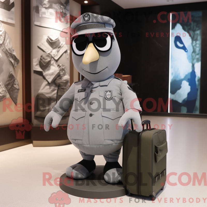 Mascot character of a Gray American Soldier dressed with a Tuxedo and Messenger bags