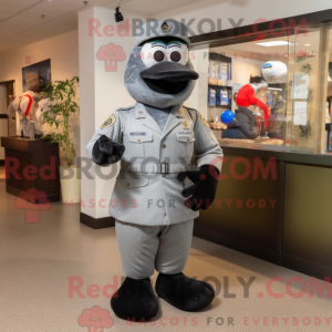 Mascot character of a Gray American Soldier dressed with a Tuxedo and Messenger bags