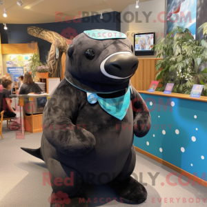 Mascot character of a Black Stellar'S Sea Cow dressed with a Oxford Shirt and Headbands