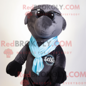 Mascot character of a Black Stellar'S Sea Cow dressed with a Oxford Shirt and Headbands