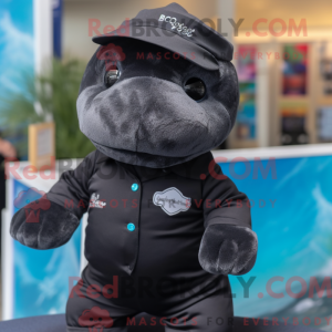 Mascot character of a Black Stellar'S Sea Cow dressed with a Oxford Shirt and Headbands