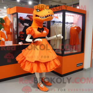 Mascot character of a Orange Tyrannosaurus dressed with a Skirt and Shoe clips