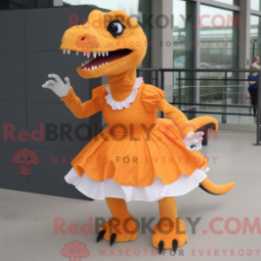 Mascot character of a Orange Tyrannosaurus dressed with a Skirt and Shoe clips