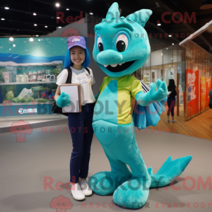 Mascot character of a Cyan Mermaid dressed with a Polo Shirt and Wallets