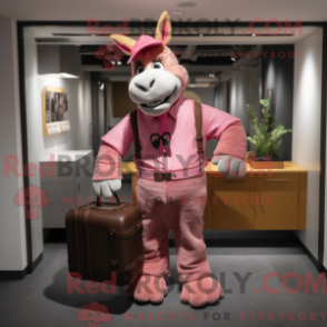 Mascot character of a Pink Donkey dressed with a Corduroy Pants and Briefcases