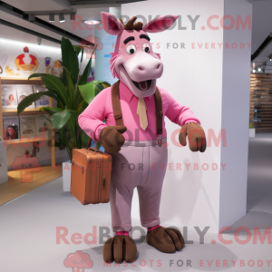 Mascot character of a Pink Donkey dressed with a Corduroy Pants and Briefcases