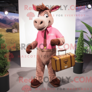 Mascot character of a Pink Donkey dressed with a Corduroy Pants and Briefcases