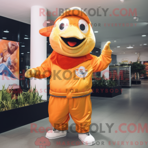 Mascot character of a Gold Clown Fish dressed with a Long Sleeve Tee and Caps