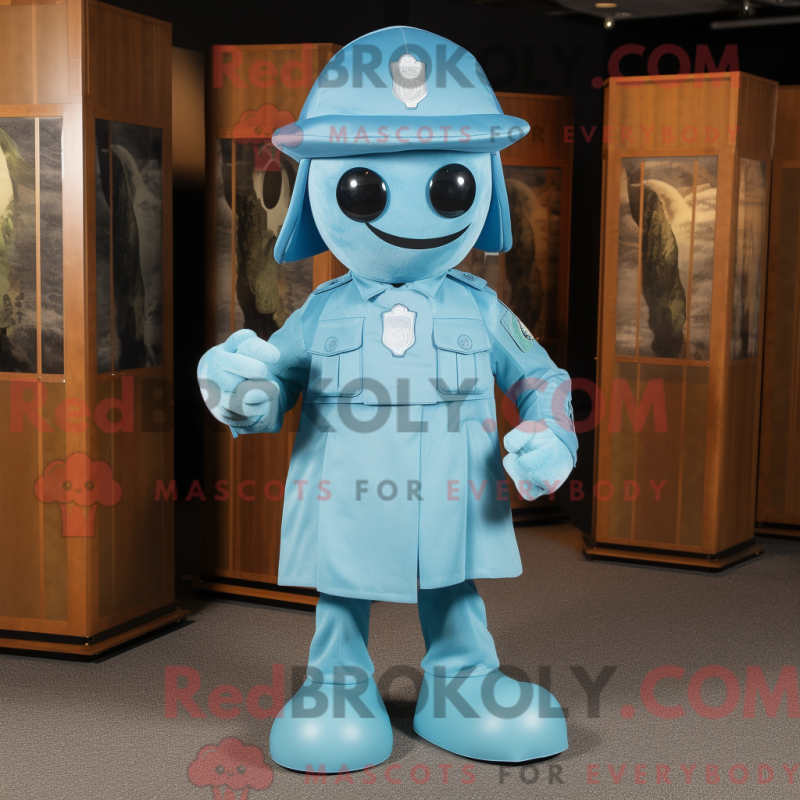 Mascot character of a Cyan Army Soldier dressed with a Empire Waist Dress and Hat pins