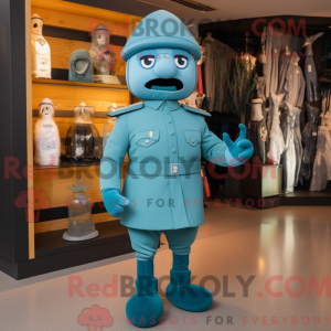 Mascot character of a Cyan Army Soldier dressed with a Empire Waist Dress and Hat pins