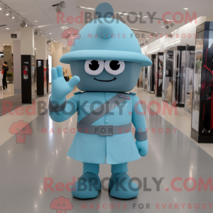 Mascot character of a Cyan Army Soldier dressed with a Empire Waist Dress and Hat pins