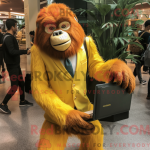 Mascot character of a Yellow Orangutan dressed with a Suit Jacket and Clutch bags