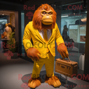 Mascot character of a Yellow Orangutan dressed with a Suit Jacket and Clutch bags