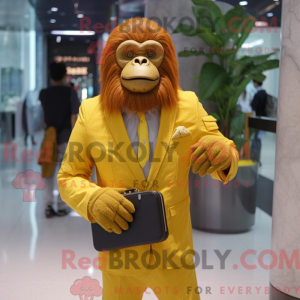Mascot character of a Yellow Orangutan dressed with a Suit Jacket and Clutch bags