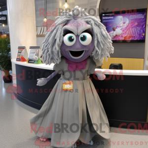 Mascot character of a Gray Ceviche dressed with a Empire Waist Dress and Hair clips