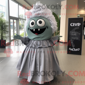 Mascot character of a Gray Ceviche dressed with a Empire Waist Dress and Hair clips