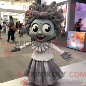 Mascot character of a Gray Ceviche dressed with a Empire Waist Dress and Hair clips